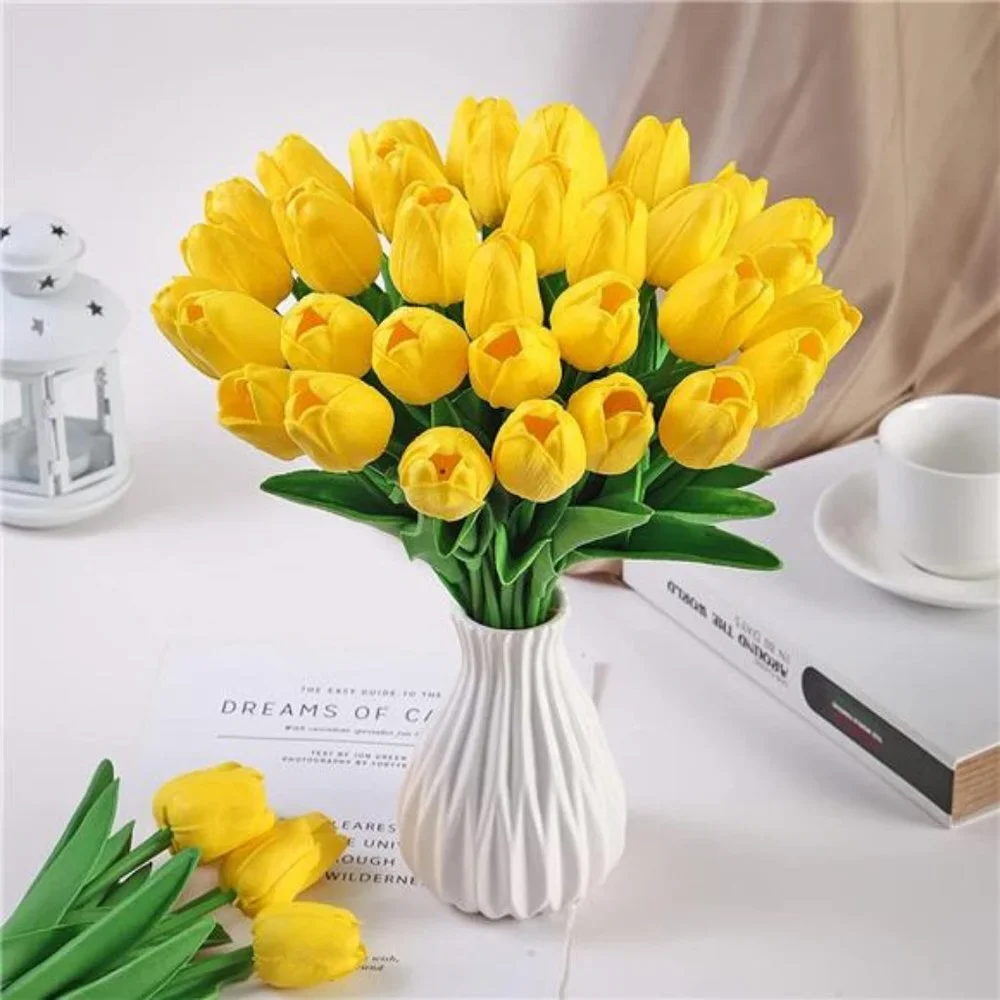 10 Pcs Tulips Artifical Flowers Real Touch Faux Tulip Stems Table Decor (Yellow)
